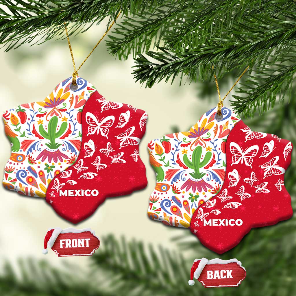 Mexico Christmas Ceramic Ornament with Butterfly Cactus and Colorful Floral Folk Art TS04