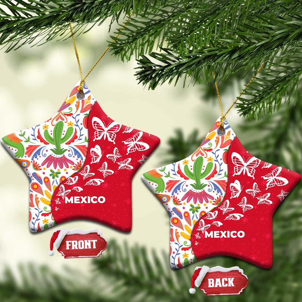 Mexico Christmas Ceramic Ornament with Butterfly Cactus and Colorful Floral Folk Art TS04