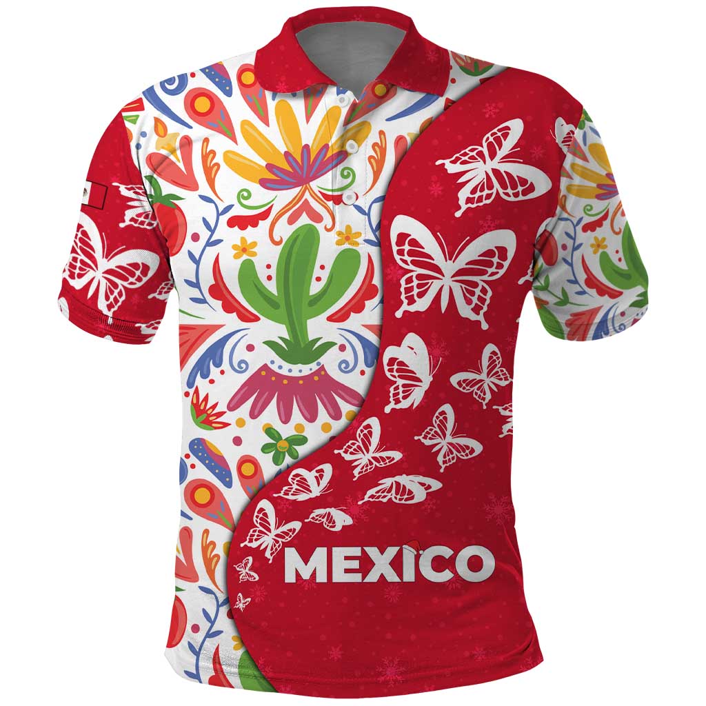 Mexico Christmas Polo Shirt with Butterfly Cactus and Colorful Floral Folk Art TS04