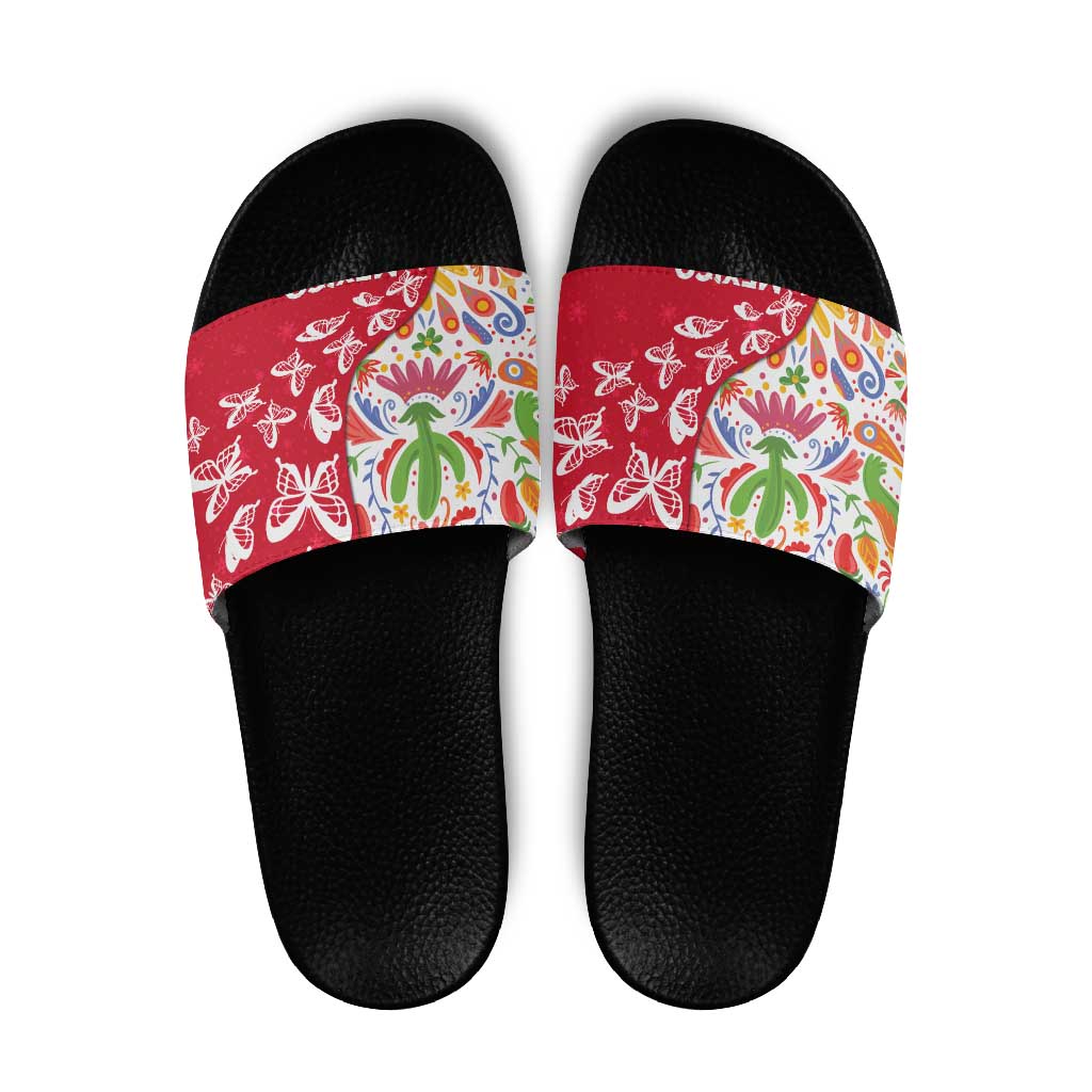 Mexico Christmas Slide Sandals with Butterfly Cactus and Colorful Floral Folk Art TS04