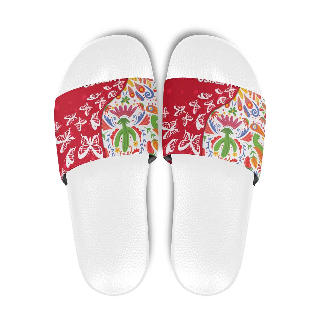 Mexico Christmas Slide Sandals with Butterfly Cactus and Colorful Floral Folk Art TS04