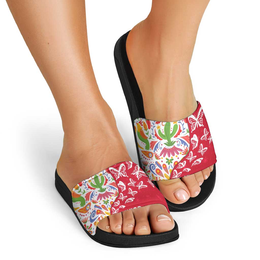 Mexico Christmas Slide Sandals with Butterfly Cactus and Colorful Floral Folk Art TS04