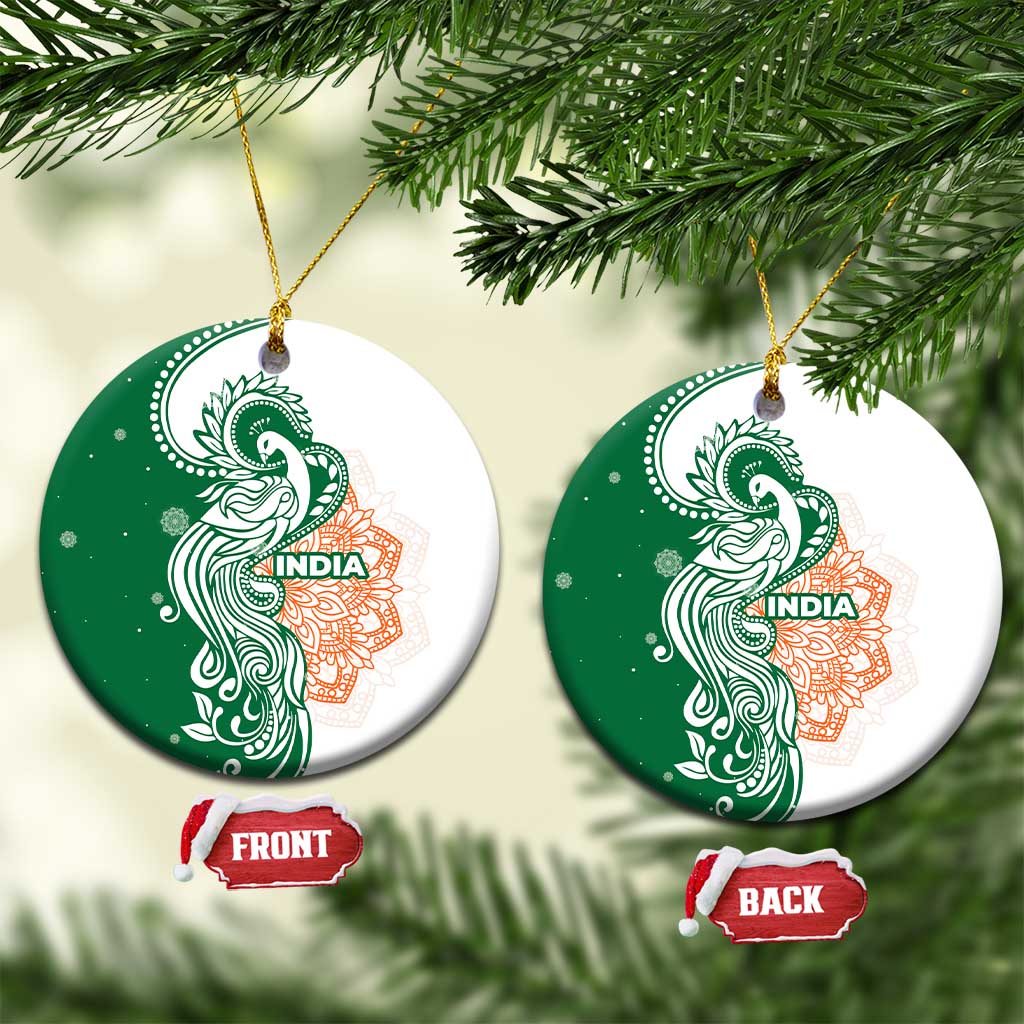 India Christmas Ceramic Ornament with Peacock Mandala Pattern and Tricolor Design TS04