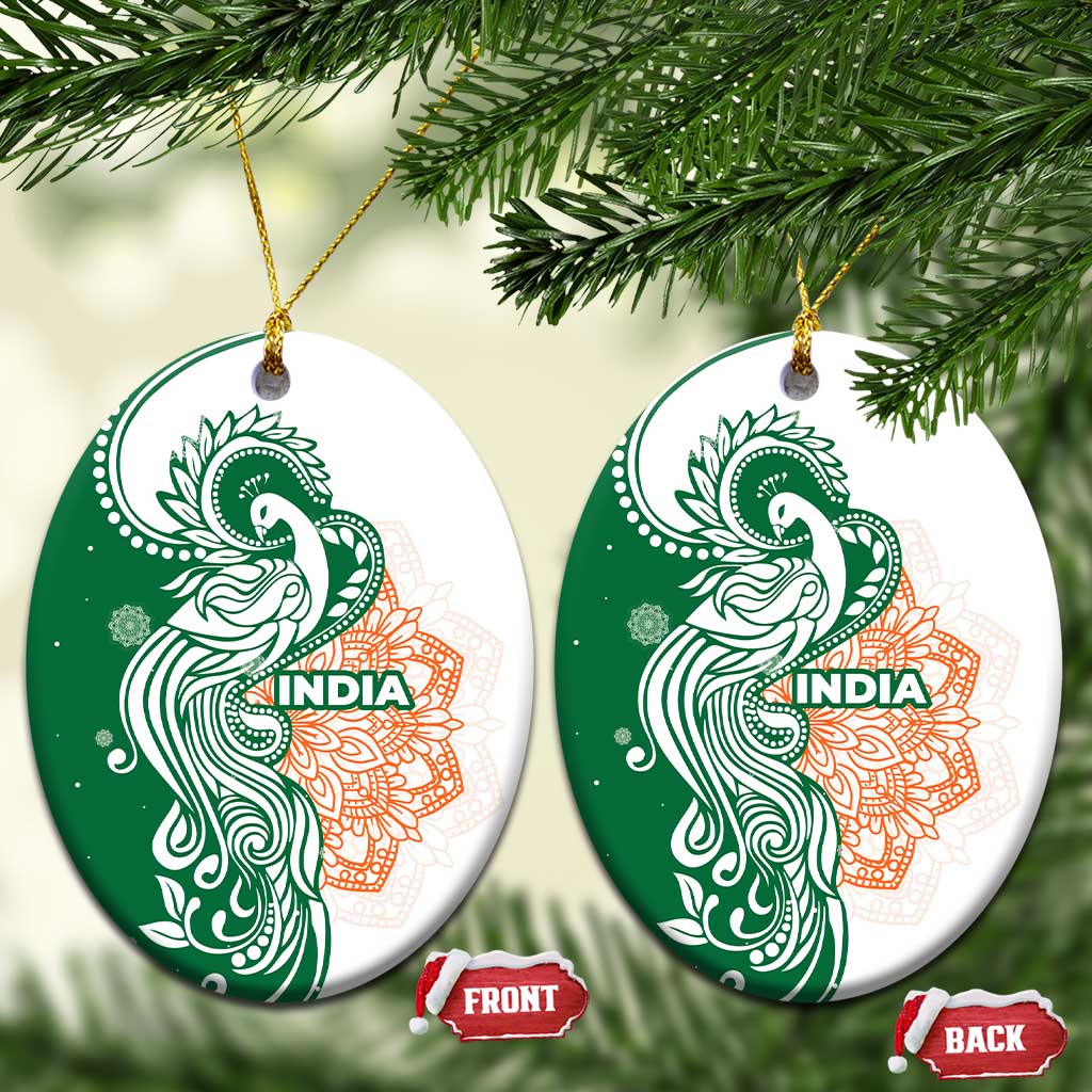 India Christmas Ceramic Ornament with Peacock Mandala Pattern and Tricolor Design TS04