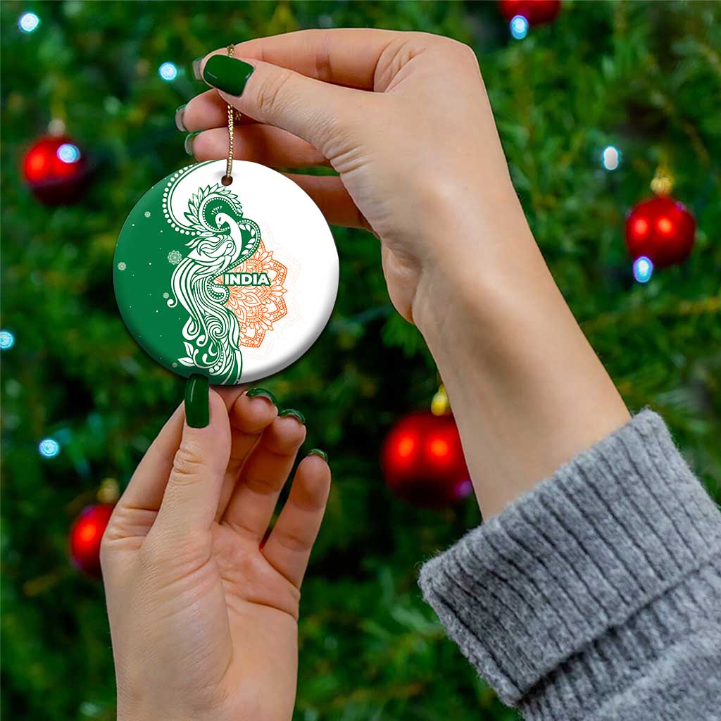 India Christmas Ceramic Ornament with Peacock Mandala Pattern and Tricolor Design TS04