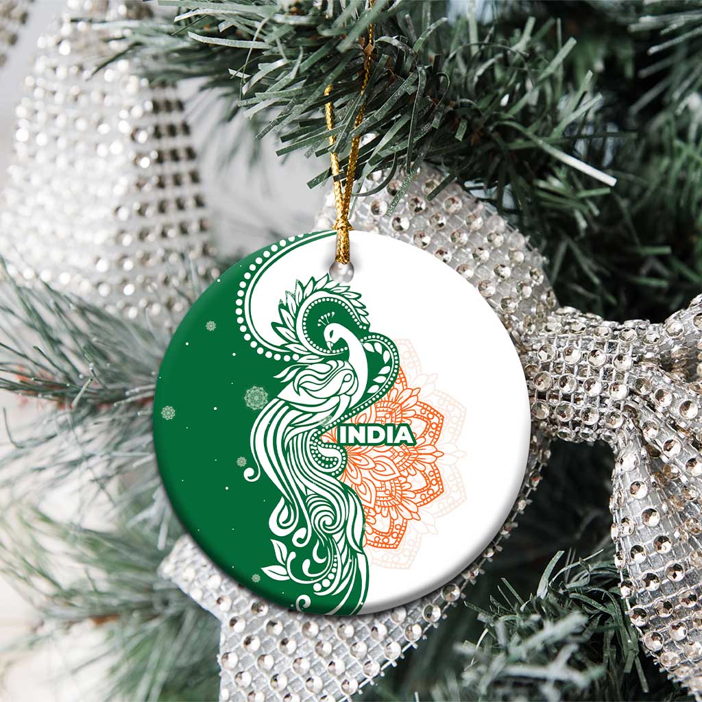 India Christmas Ceramic Ornament with Peacock Mandala Pattern and Tricolor Design TS04