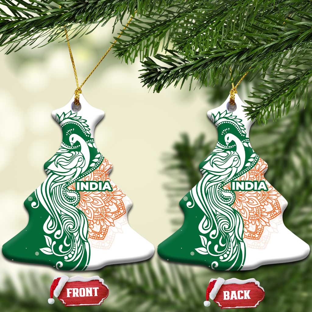 India Christmas Ceramic Ornament with Peacock Mandala Pattern and Tricolor Design TS04