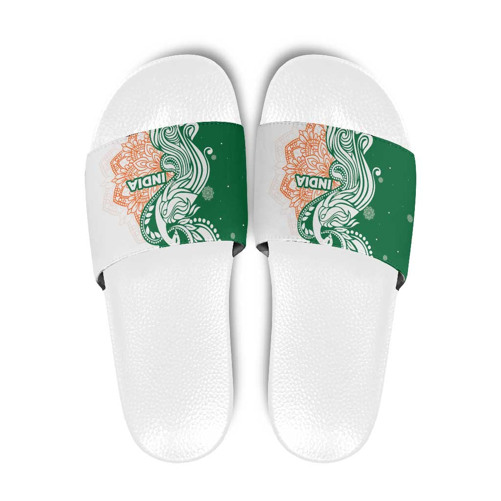 India Christmas Slide Sandals with Peacock Mandala Pattern and Tricolor Design TS04