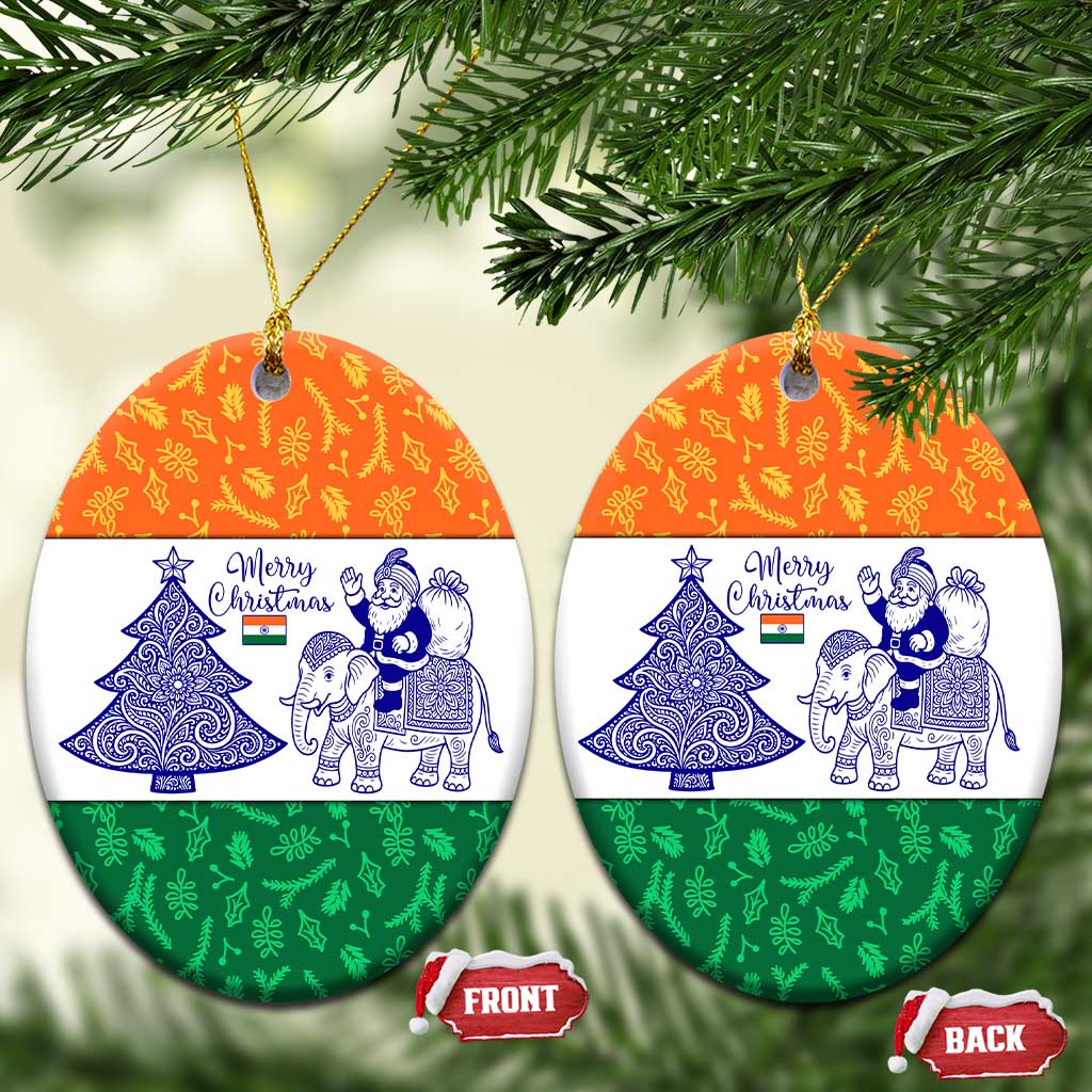 India Christmas Ceramic Ornament with Elephant Santa Tree Design and Tricolor Holiday Pattern TS04