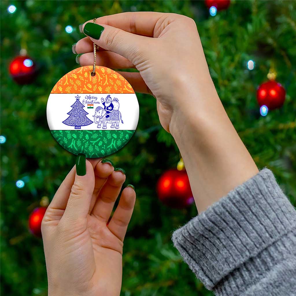 India Christmas Ceramic Ornament with Elephant Santa Tree Design and Tricolor Holiday Pattern TS04