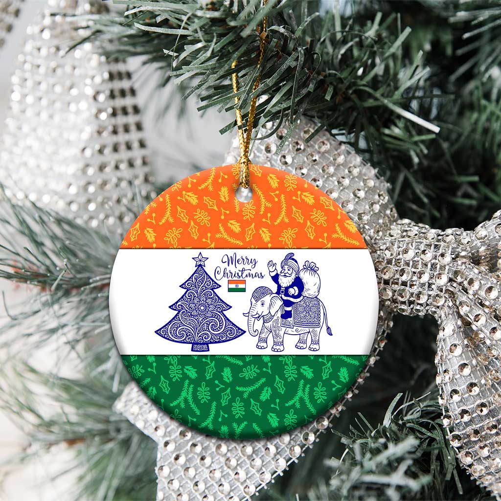 India Christmas Ceramic Ornament with Elephant Santa Tree Design and Tricolor Holiday Pattern TS04