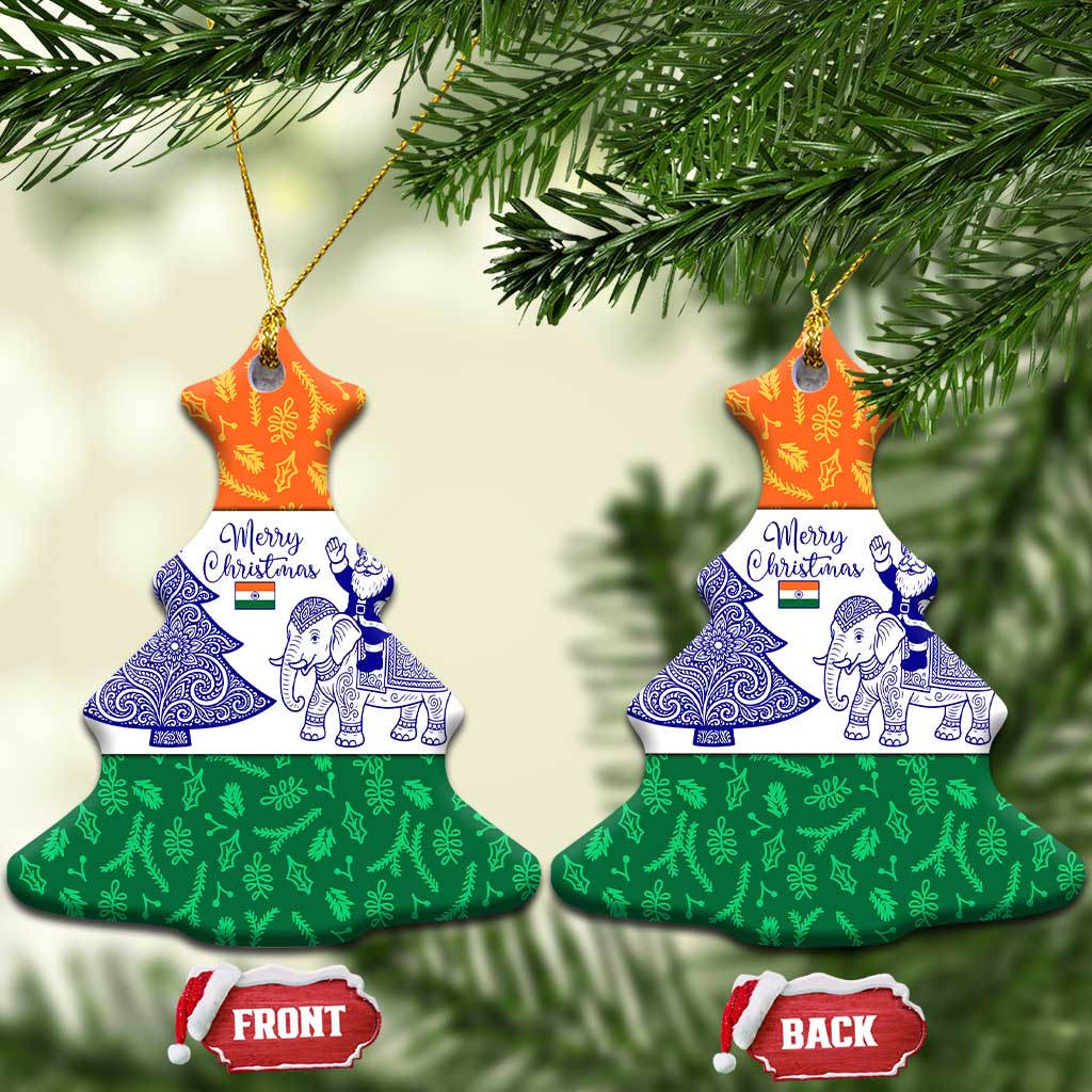 India Christmas Ceramic Ornament with Elephant Santa Tree Design and Tricolor Holiday Pattern TS04