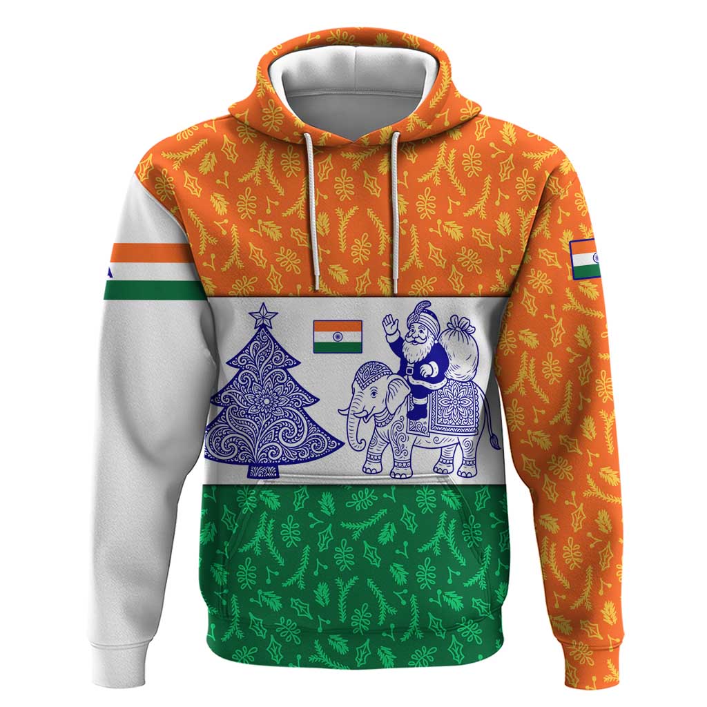 India Christmas Hoodie with Elephant Santa Tree Design and Tricolor Holiday Pattern TS04