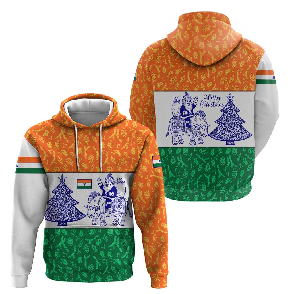 India Christmas Hoodie with Elephant Santa Tree Design and Tricolor Holiday Pattern TS04