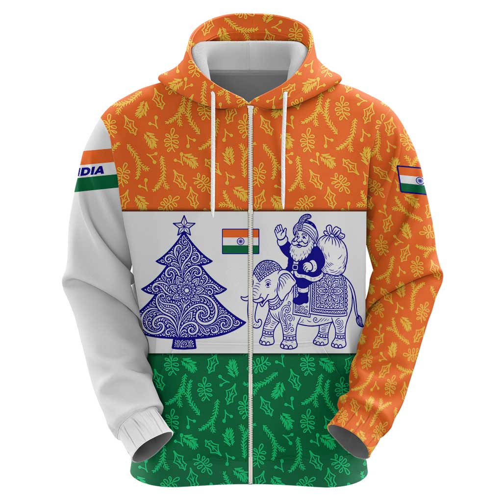 India Christmas Hoodie with Elephant Santa Tree Design and Tricolor Holiday Pattern TS04