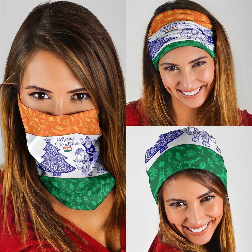 India Christmas Neck Gaiter with Elephant Santa Tree Design and Tricolor Holiday Pattern TS04