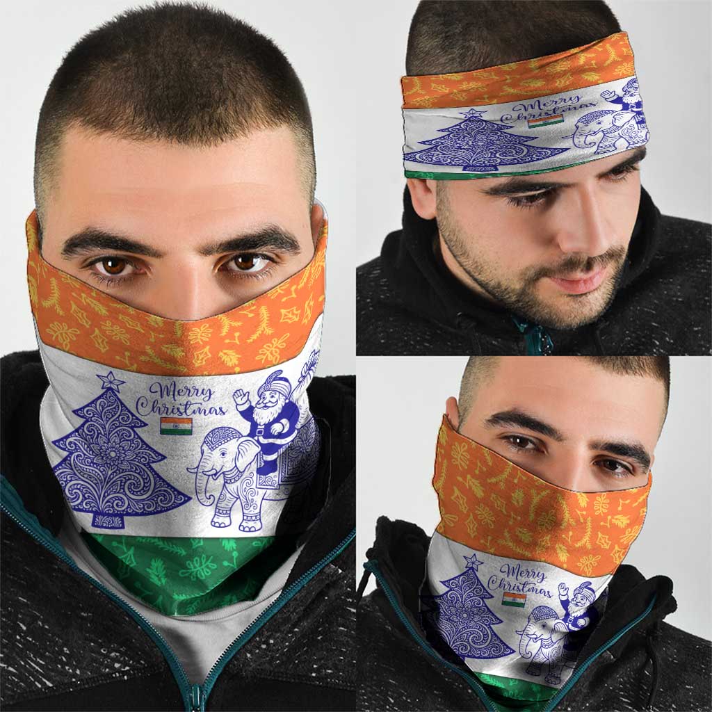 India Christmas Neck Gaiter with Elephant Santa Tree Design and Tricolor Holiday Pattern TS04