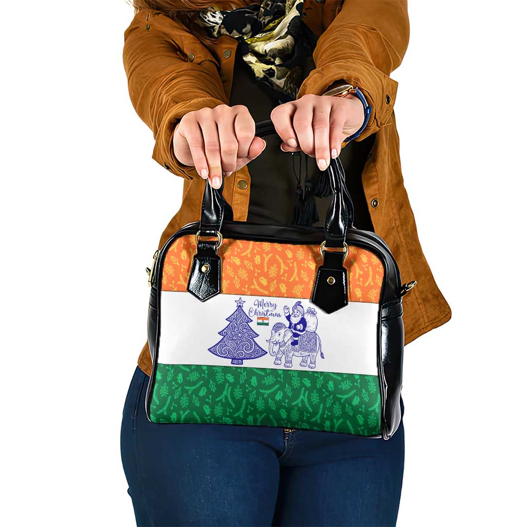 India Christmas Shoulder Handbag with Elephant Santa Tree Design and Tricolor Holiday Pattern TS04