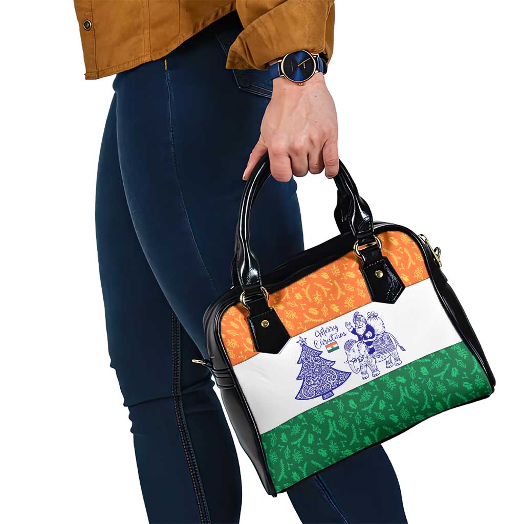India Christmas Shoulder Handbag with Elephant Santa Tree Design and Tricolor Holiday Pattern TS04