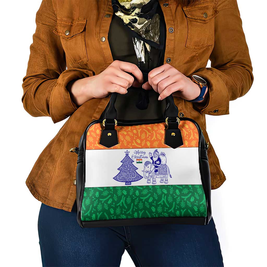 India Christmas Shoulder Handbag with Elephant Santa Tree Design and Tricolor Holiday Pattern TS04
