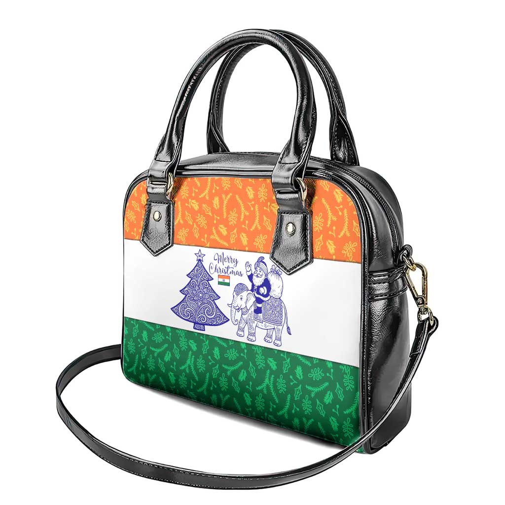 India Christmas Shoulder Handbag with Elephant Santa Tree Design and Tricolor Holiday Pattern TS04