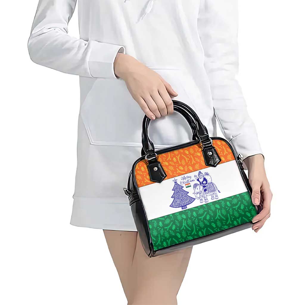 India Christmas Shoulder Handbag with Elephant Santa Tree Design and Tricolor Holiday Pattern TS04