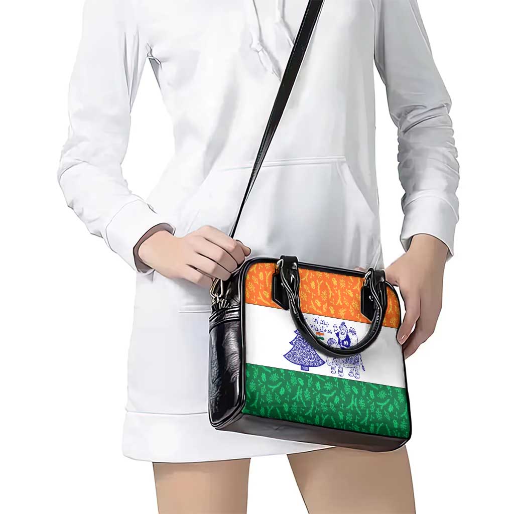 India Christmas Shoulder Handbag with Elephant Santa Tree Design and Tricolor Holiday Pattern TS04