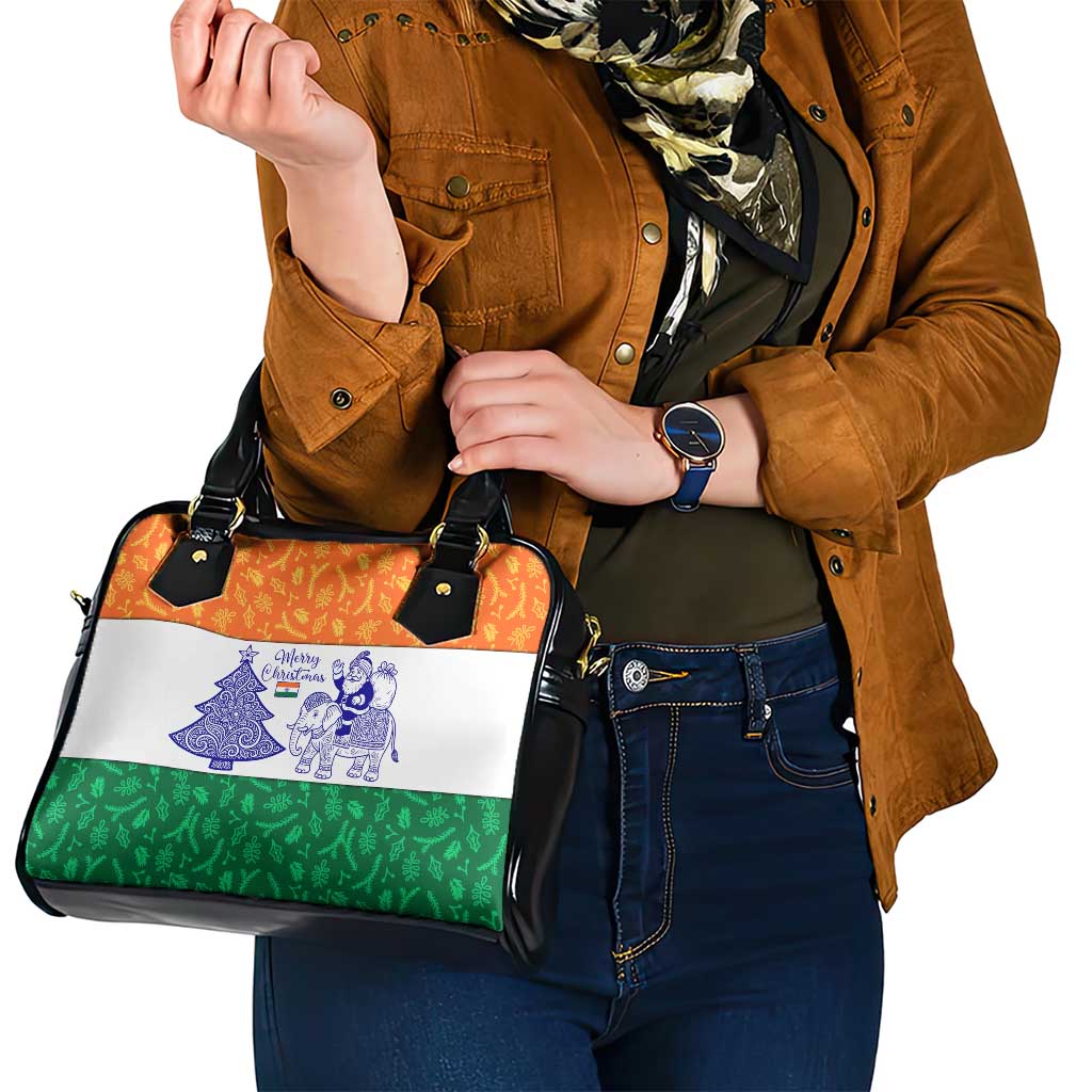 India Christmas Shoulder Handbag with Elephant Santa Tree Design and Tricolor Holiday Pattern TS04