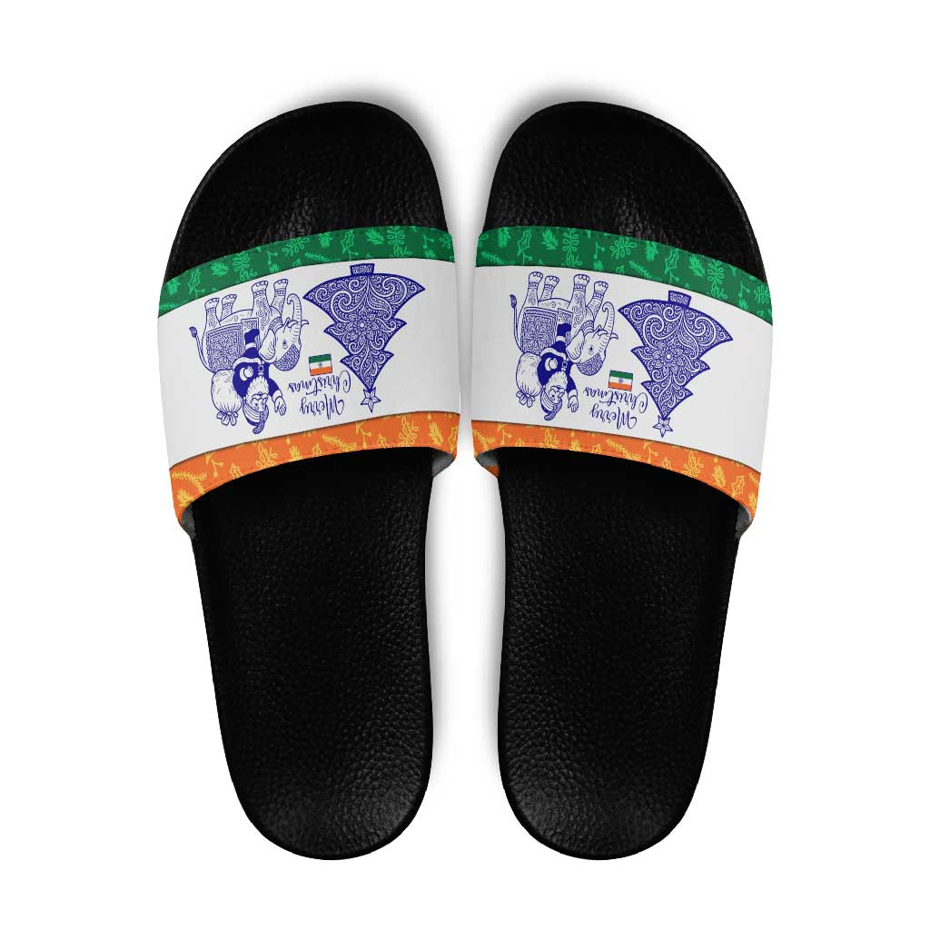 India Christmas Slide Sandals with Elephant Santa Tree Design and Tricolor Holiday Pattern TS04