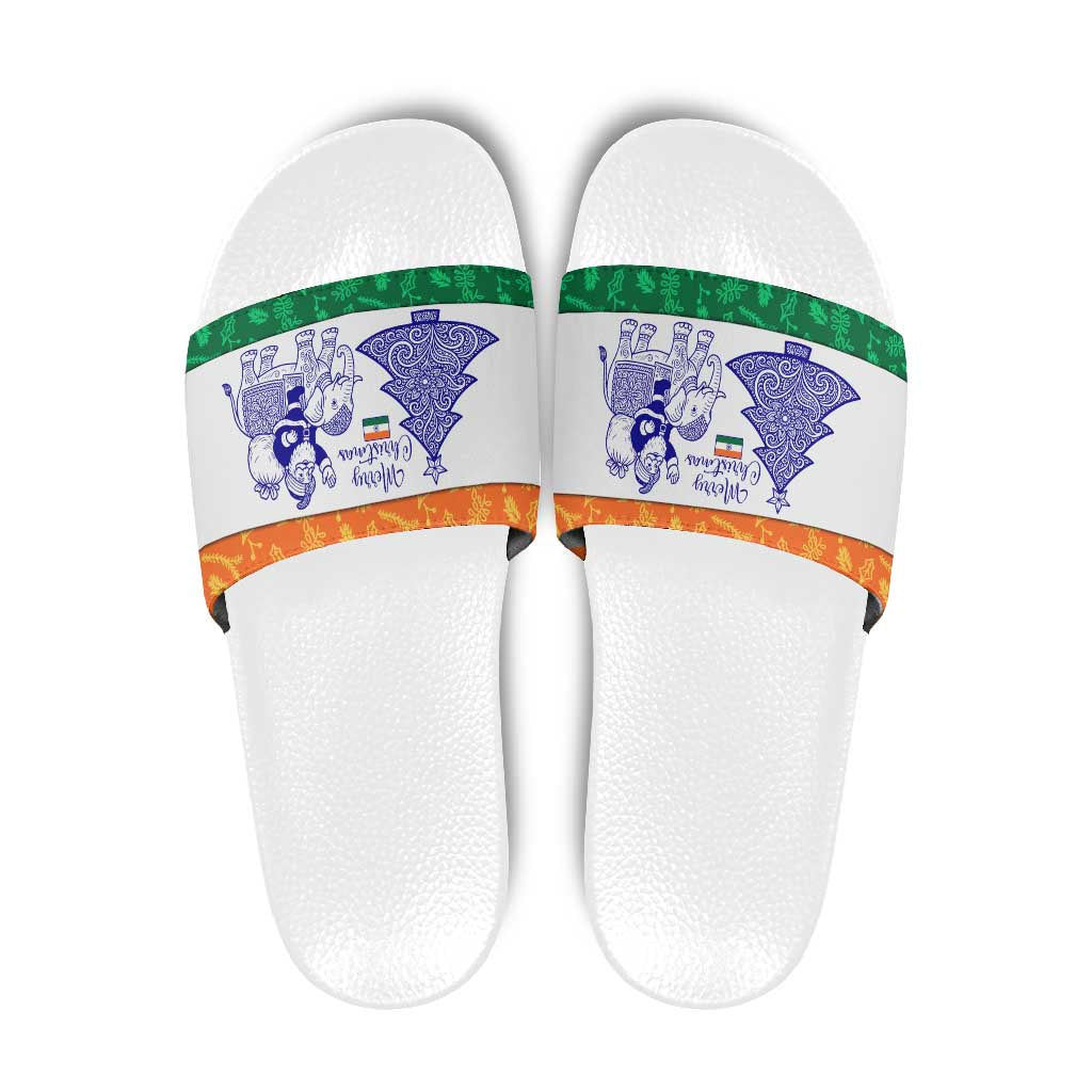 India Christmas Slide Sandals with Elephant Santa Tree Design and Tricolor Holiday Pattern TS04