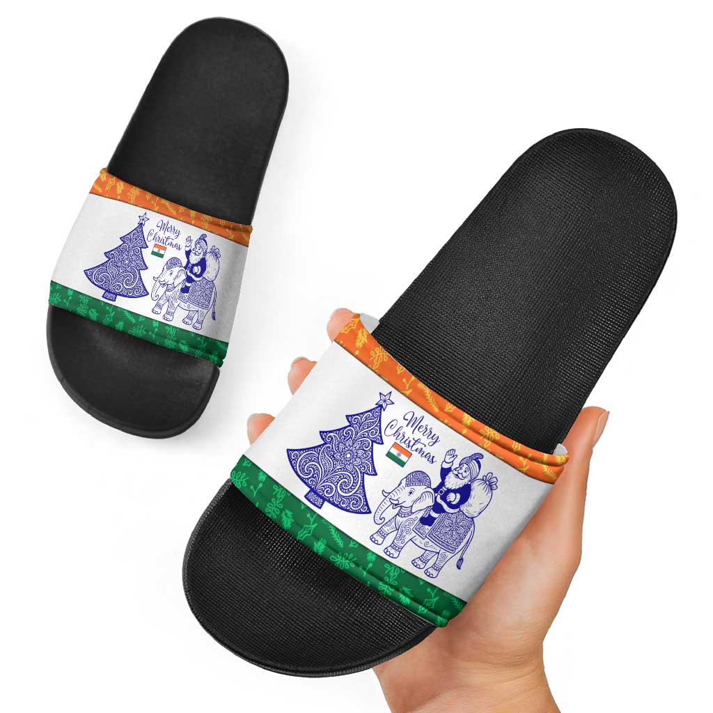 India Christmas Slide Sandals with Elephant Santa Tree Design and Tricolor Holiday Pattern TS04