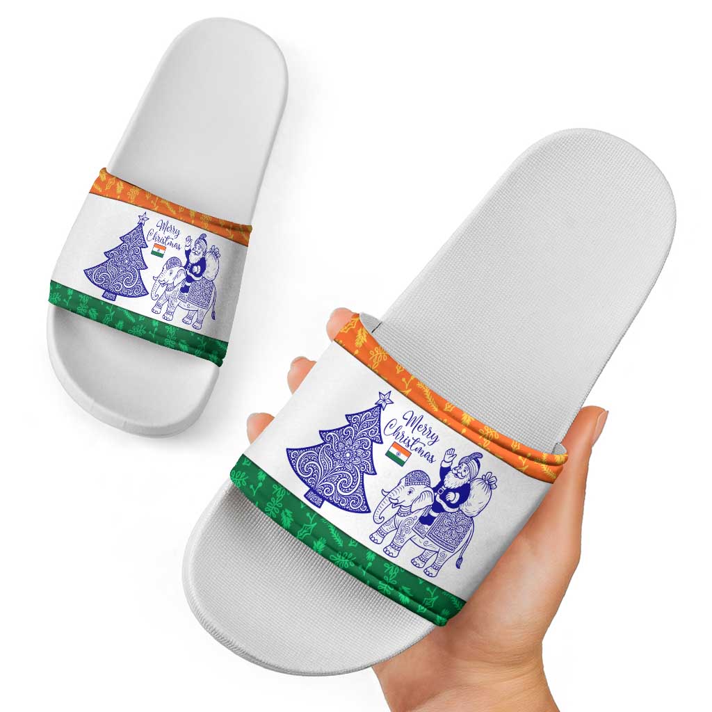 India Christmas Slide Sandals with Elephant Santa Tree Design and Tricolor Holiday Pattern TS04