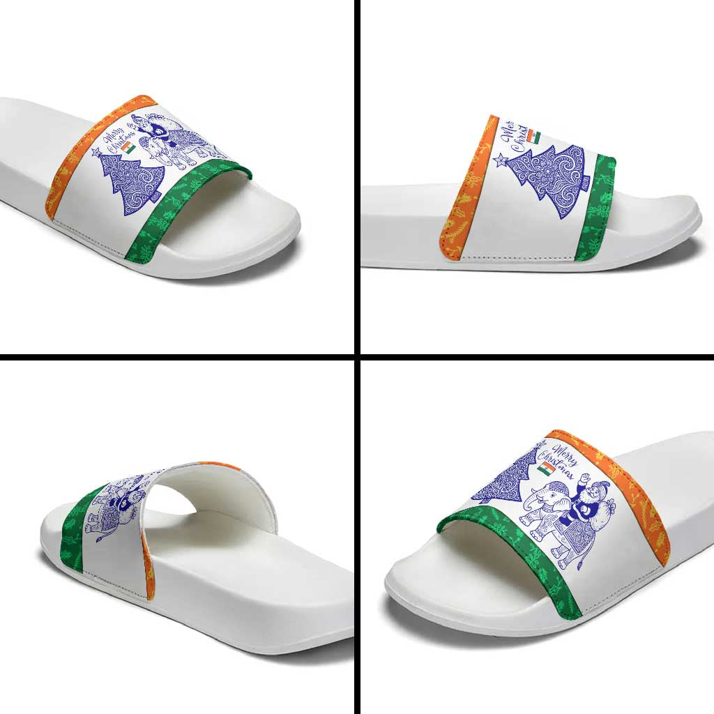 India Christmas Slide Sandals with Elephant Santa Tree Design and Tricolor Holiday Pattern TS04