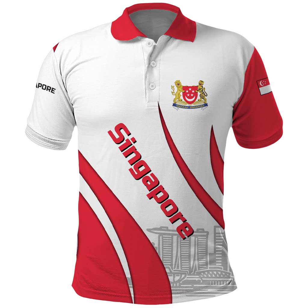 Singapore National Crest Polo Shirt with City Skyline and Lion Design TS04
