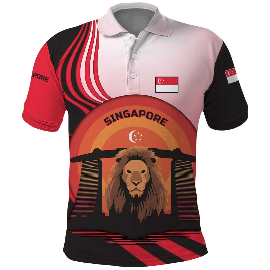 Singapore Lion Polo Shirt with Sunset Marina Bay Design and National Flag TS04