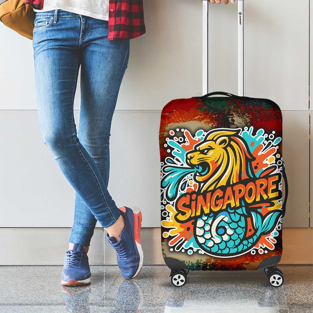 Singapore Merlion Luggage Cover with Graffiti Art Style and National Flag TS04