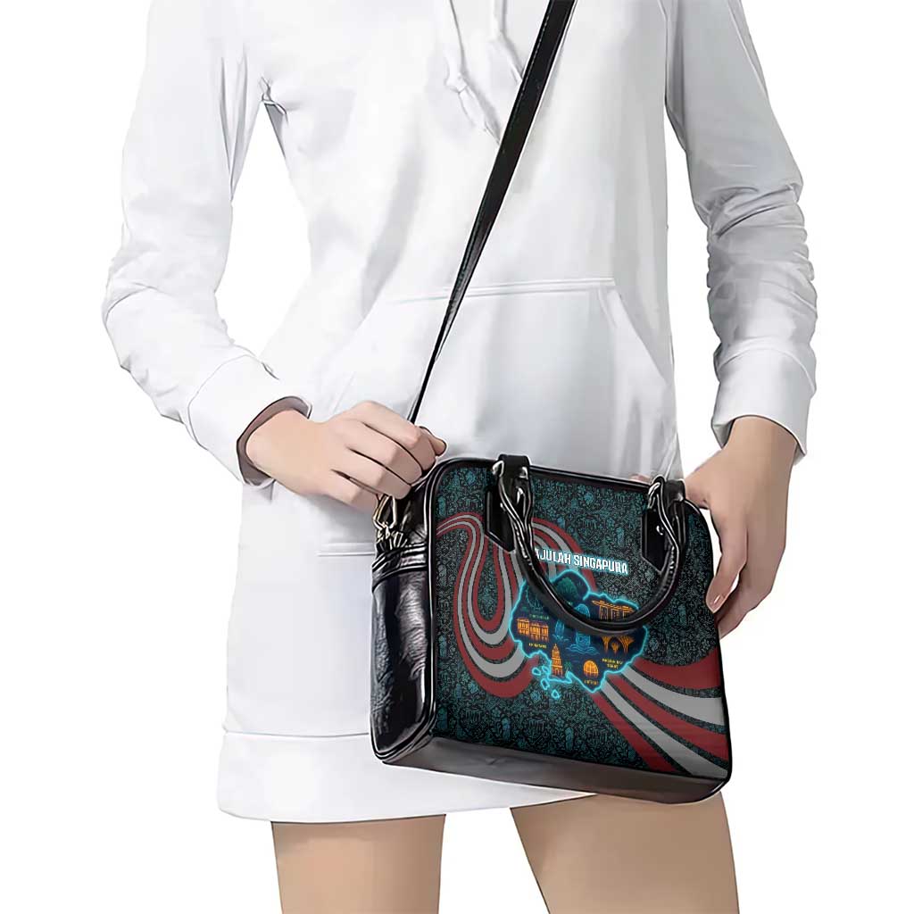 Singapore Shoulder Handbag with National Icons and Majulah Singapura Script TS04