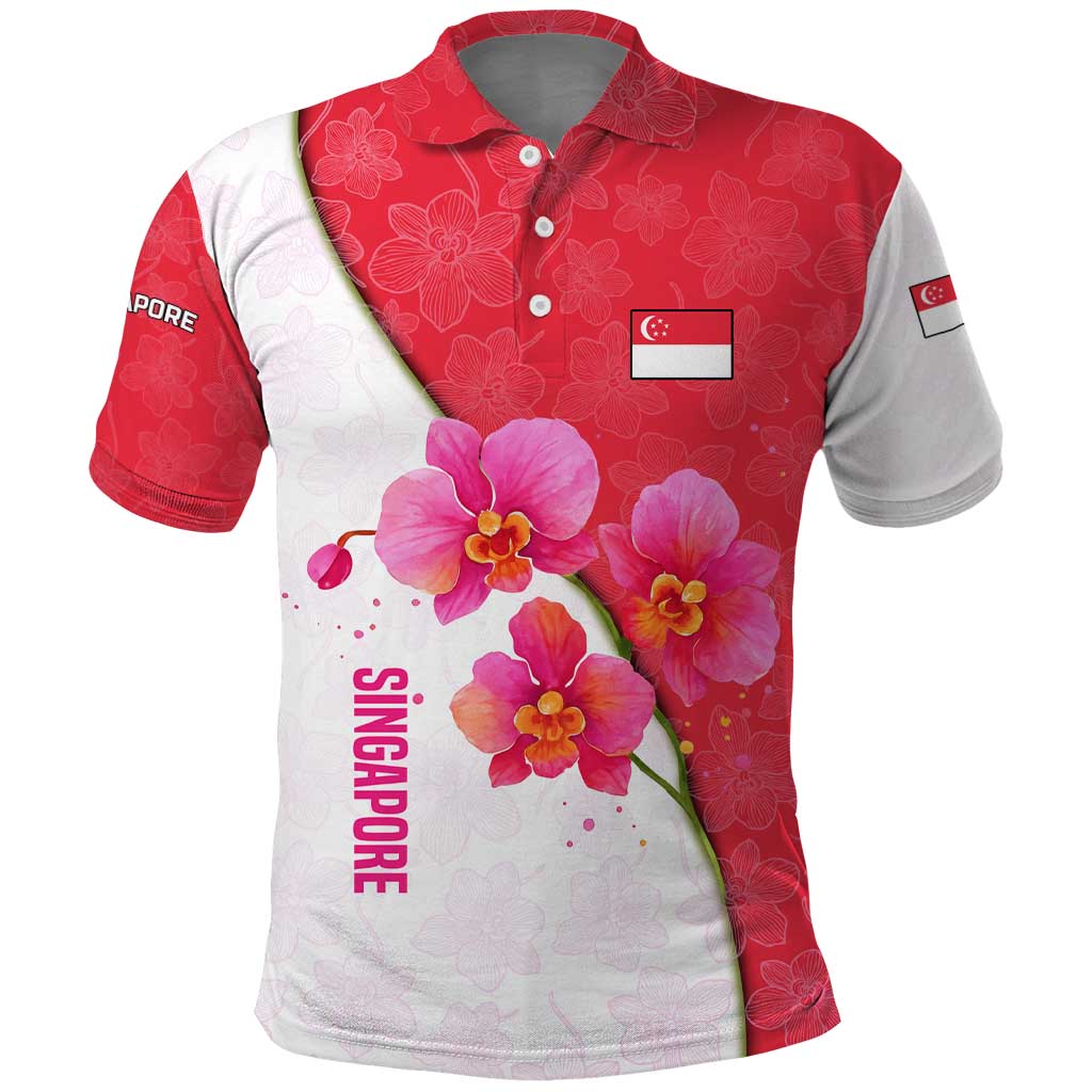 Singapore Polo Shirt with Orchid Flower Design and National Flag Motif TS04