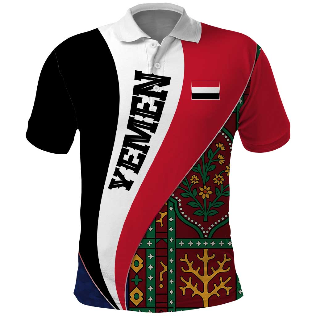 Yemen Heritage Polo Shirt with Traditional Pattern and Flag Colors TS04