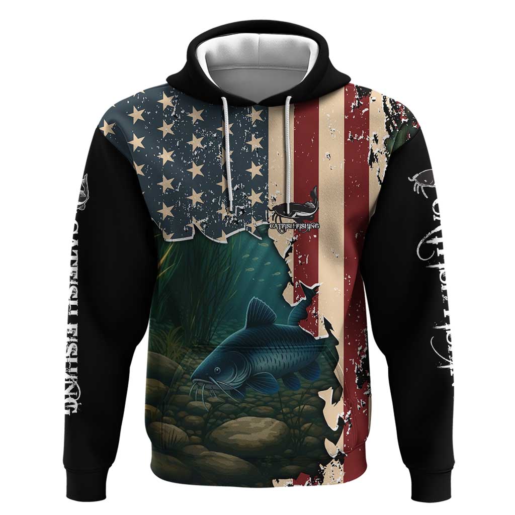 Catfish Fishing Hoodie with Underwater Scene and Distressed American Flag Background TS04
