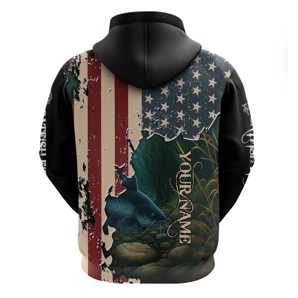 Catfish Fishing Hoodie with Underwater Scene and Distressed American Flag Background TS04