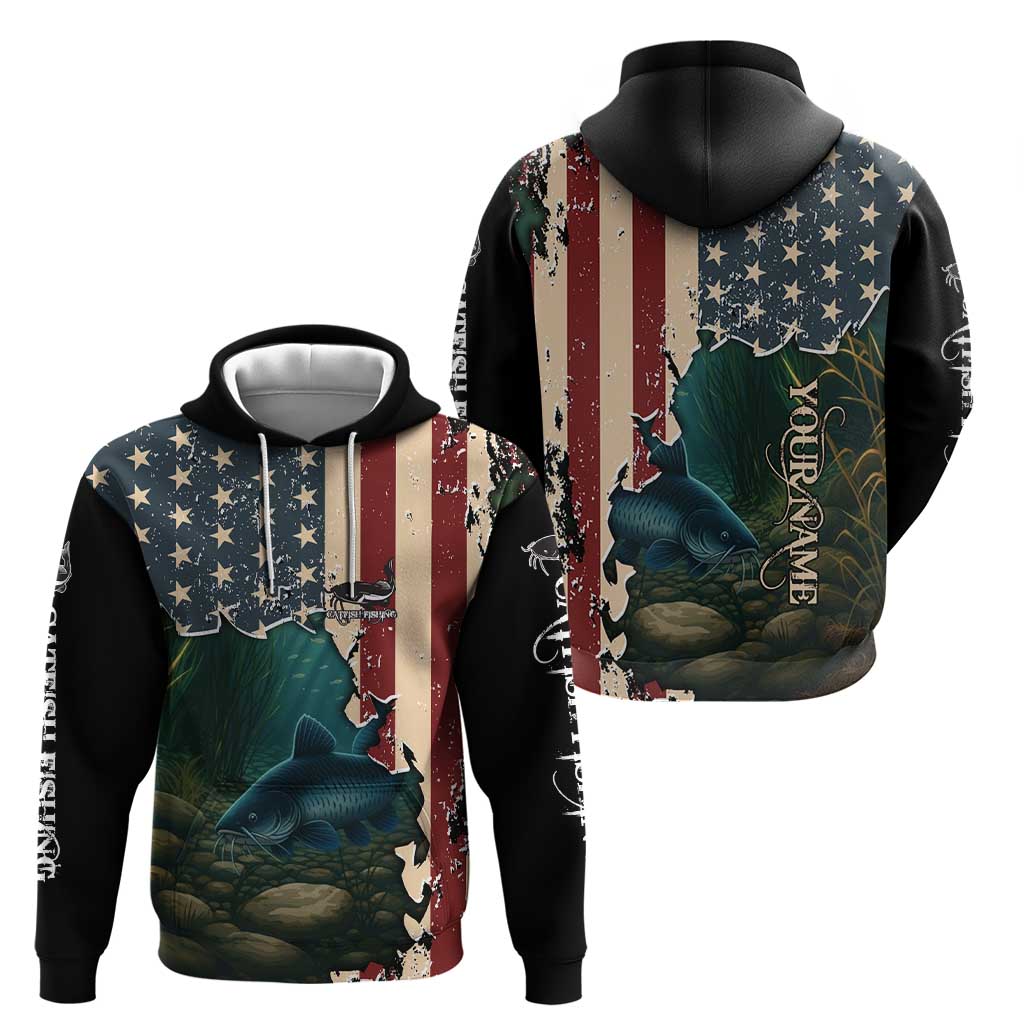 Catfish Fishing Hoodie with Underwater Scene and Distressed American Flag Background TS04