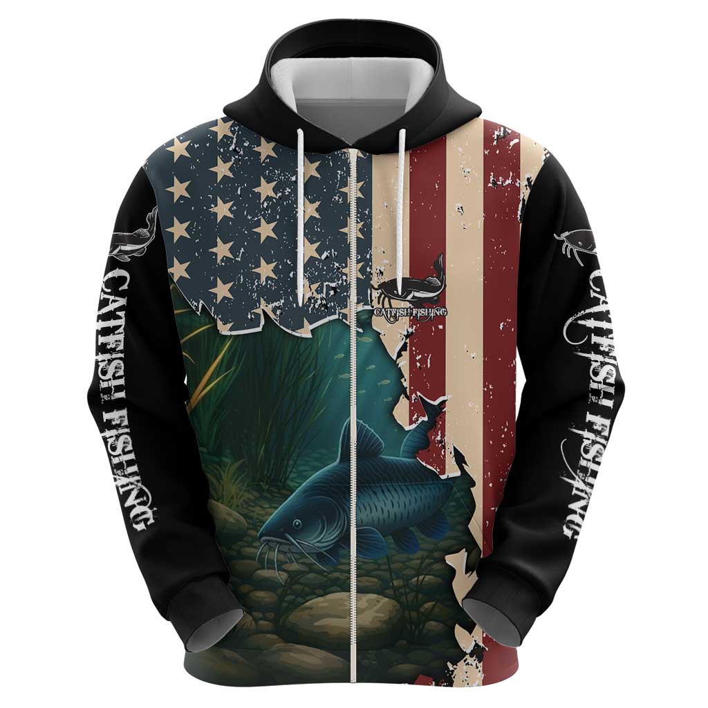 Catfish Fishing Hoodie with Underwater Scene and Distressed American Flag Background TS04