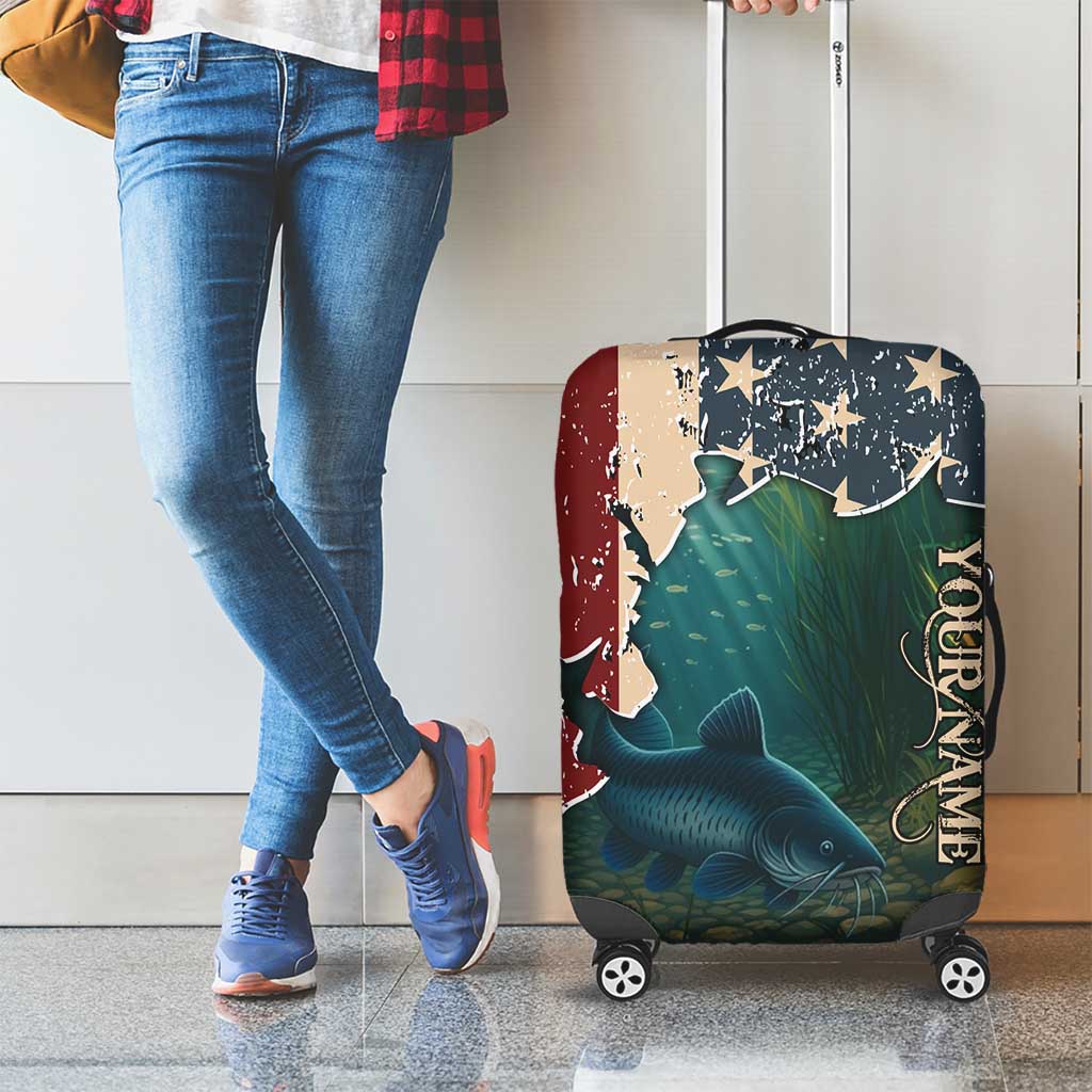 Catfish Fishing Luggage Cover with Underwater Scene and Distressed American Flag Background TS04