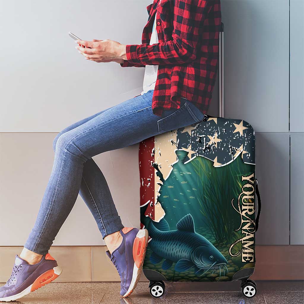 Catfish Fishing Luggage Cover with Underwater Scene and Distressed American Flag Background TS04