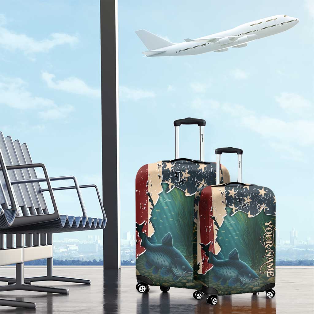 Catfish Fishing Luggage Cover with Underwater Scene and Distressed American Flag Background TS04