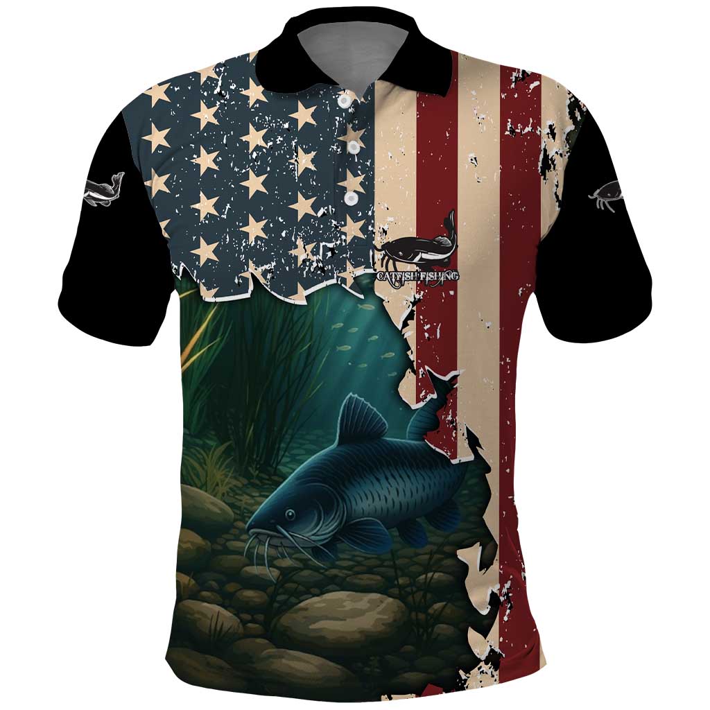 Catfish Fishing Polo Shirt with Underwater Scene and Distressed American Flag Background TS04
