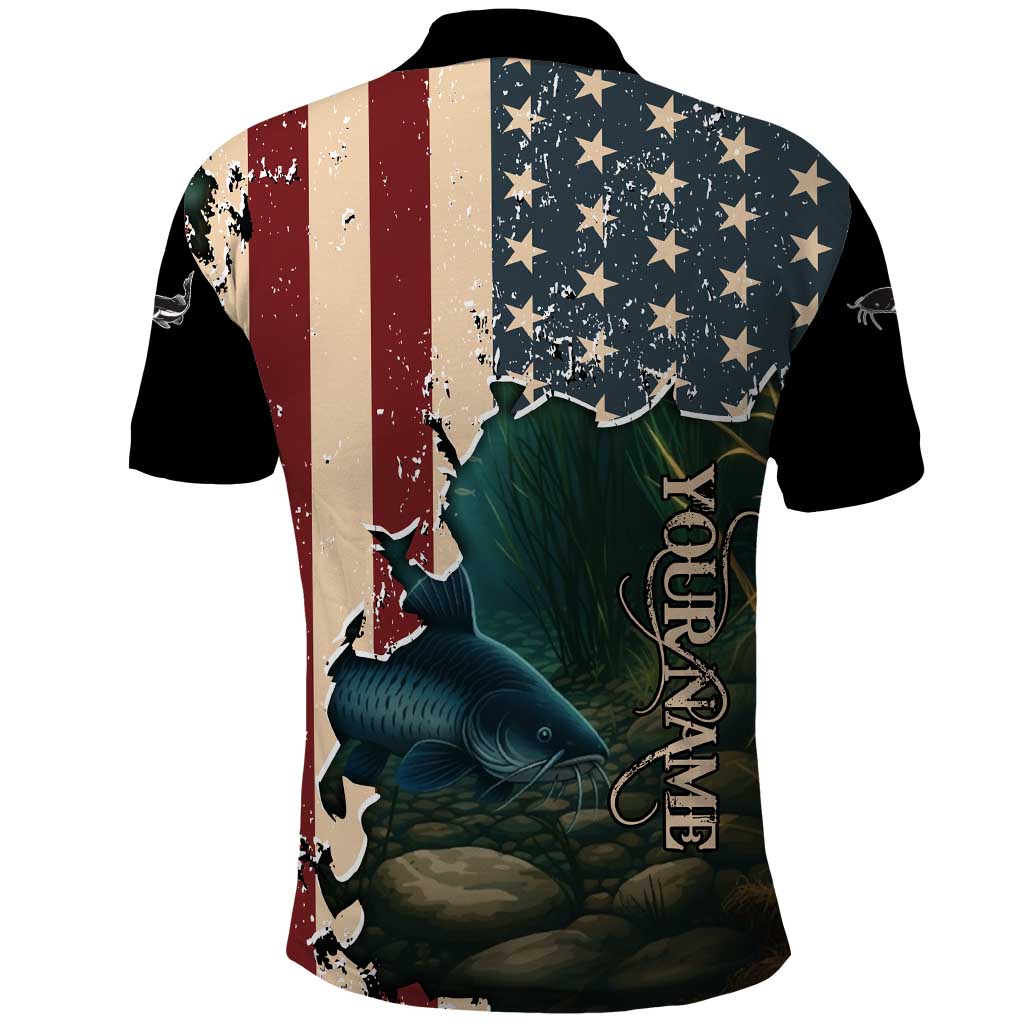 Catfish Fishing Polo Shirt with Underwater Scene and Distressed American Flag Background TS04