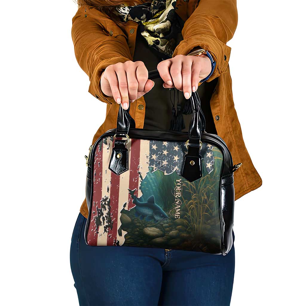 Catfish Fishing Shoulder Handbag with Underwater Scene and Distressed American Flag Background TS04