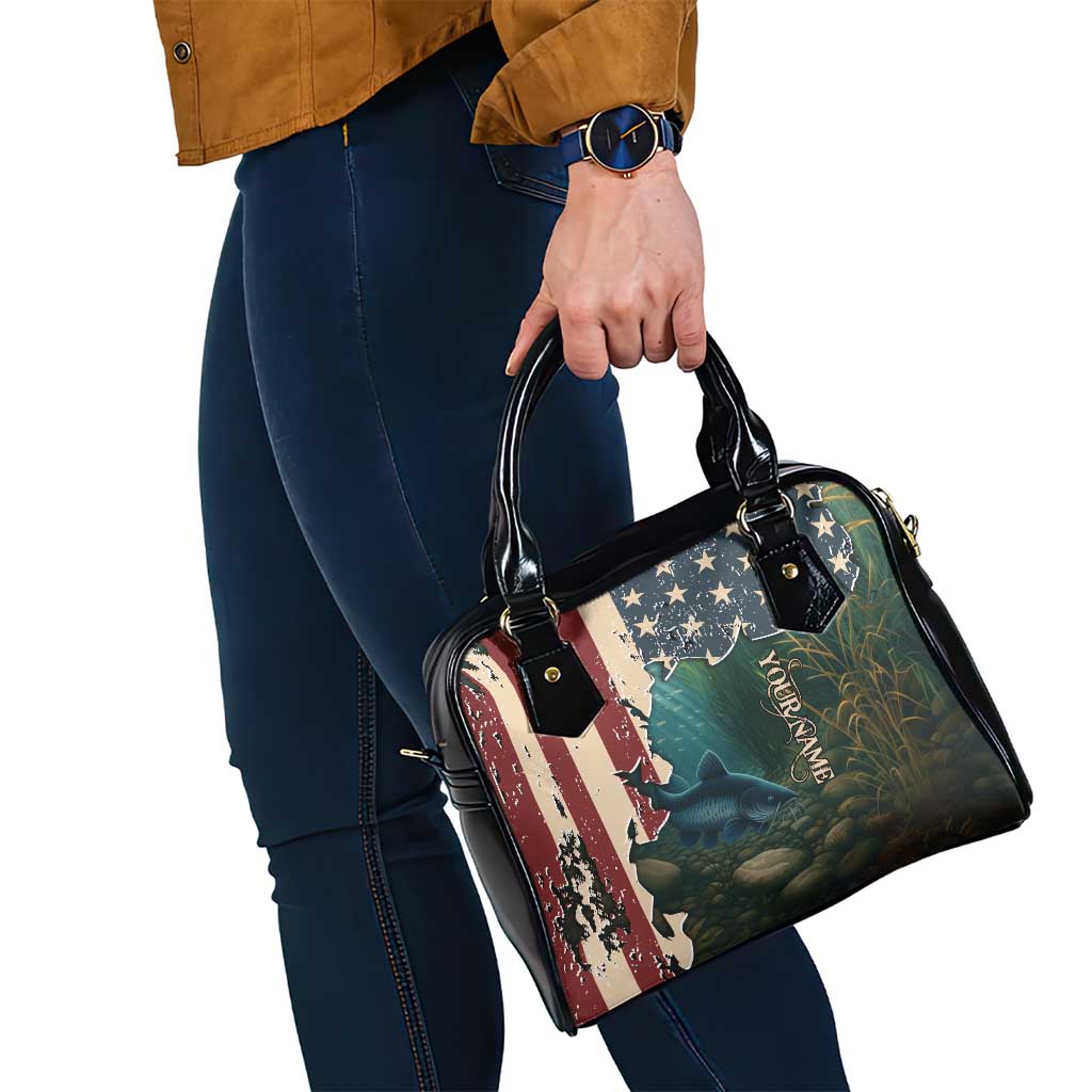 Catfish Fishing Shoulder Handbag with Underwater Scene and Distressed American Flag Background TS04